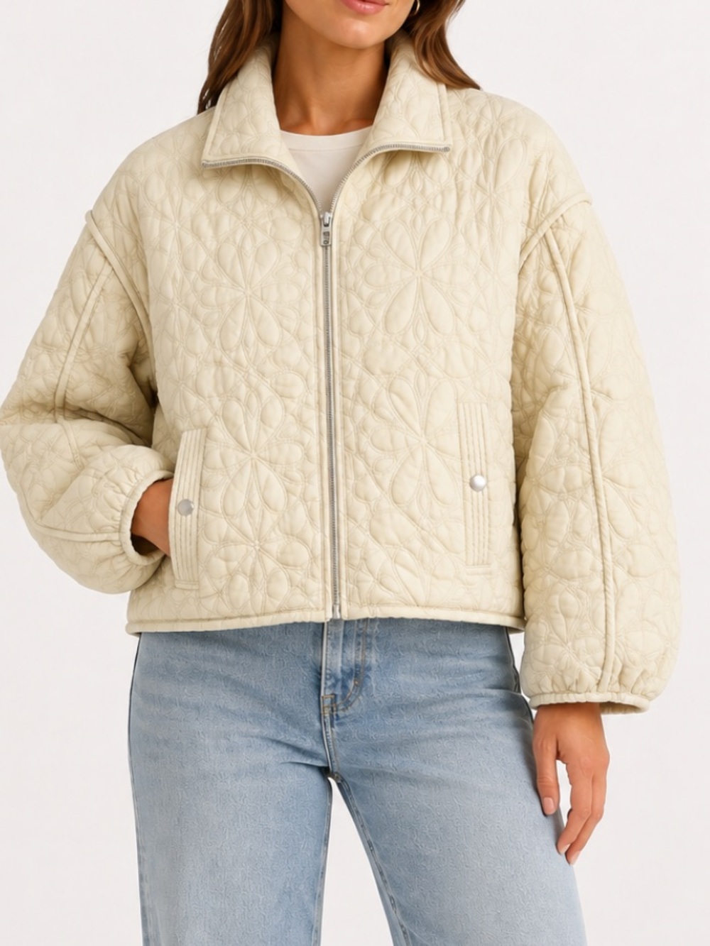 BLANK NYC ivory floral quilted boxy cropped boho full zip jacket size small